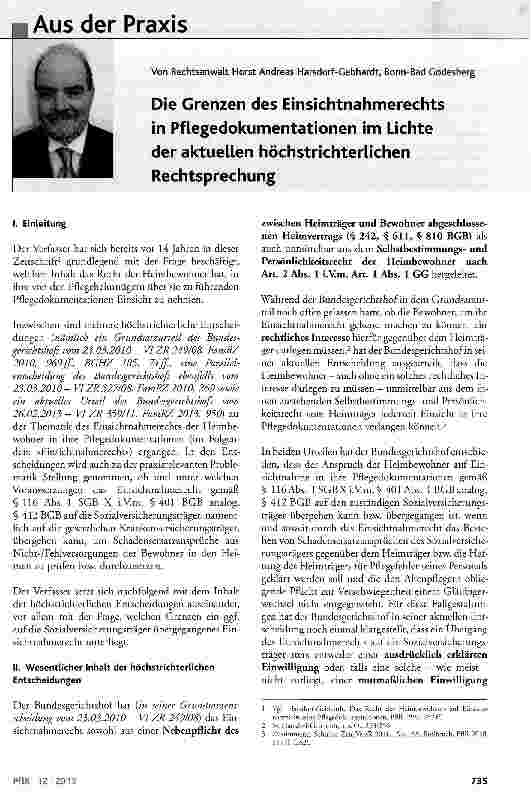Vorschauseite 1: Die Grenzen des Einsichtnahmerechts in Pflegedokumentationen im Lichte der aktuellen höchstrichterlichen Rechtsprechung