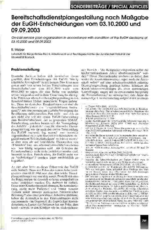Vorschauseite 1: Bereitschaftsdienstplangestaltung nach Maßgabe der EuGH-Entscheidungen vom 03.10.2000 und 09.09.2003
