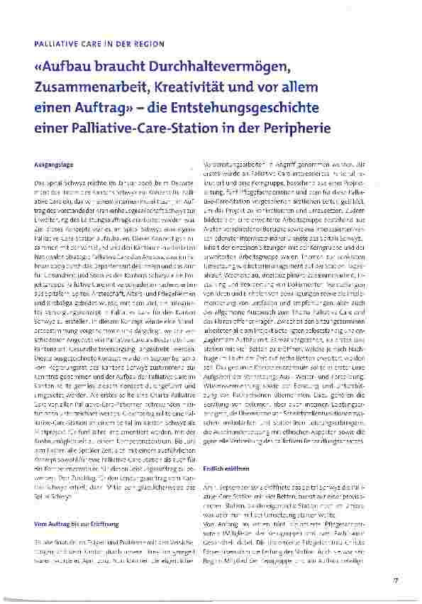 Vorschauseite 1: «Aufbau braucht Durchhaltevermögen, Zusammenarbeit, Kreativität und vor allem einen Auftrag» - die Entstehungsgeschichte einer Palliative-Care-Station in der Peripherie