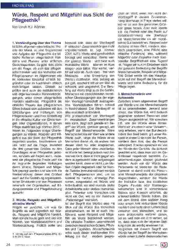 Vorschauseite 1: Würde, Respekt und Mitgefühl aus Sicht der Pflegeethik