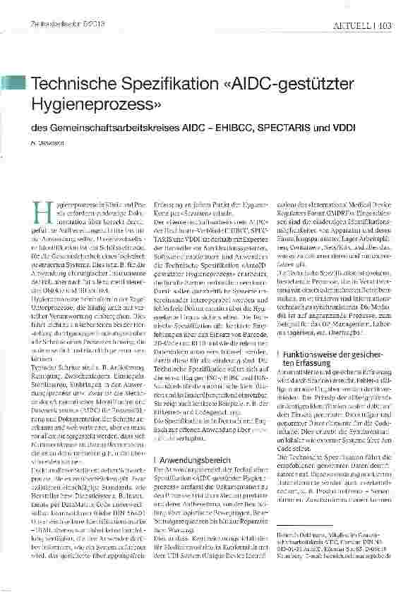 Vorschauseite 1: Technische Spezifikation «AIDC-gestützter Hygieneprozess»