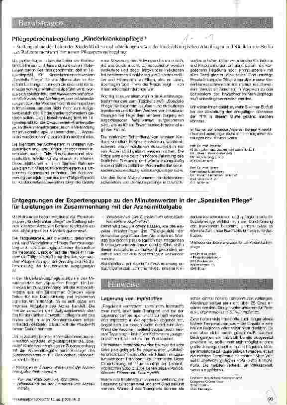 Vorschauseite 1: Pflegepersonalregelung Kinderkrankenpflege Stellungnahme von Leitern v. Kinderkliniken z. Referatsentwurf Personalregelung