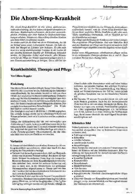 Vorschauseite 1: Die Ahorn-Sirup-Krankheit Krankheitsbild, Therapie und Pflege