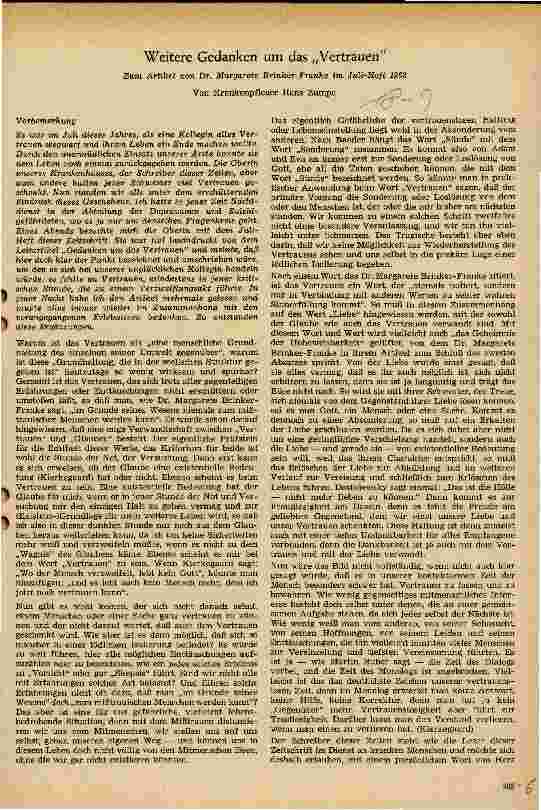 Vorschauseite 1: Weitere Gedanken um das Vertrauen Zum Artikel von Dr. Brinker-Franke im Juli-Heft 63
