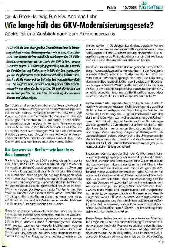 Vorschauseite 1: Wie lange hält das GKV-Modernisierungsgesetz? Rückblick und Ausblick nach dem Konsensprozess