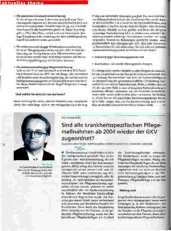 Vorschauseite 1: Sind alle krankheitsspezifischen Pflegemaßnahmen ab 2004 wieder der GKV zugeordnet? Klarstellung für die Kompressionsstrümpfe durch die Gesundheitsreform
