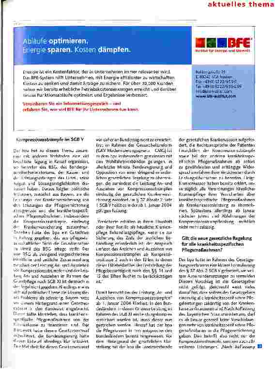 Vorschauseite 2: Sind alle krankheitsspezifischen Pflegemaßnahmen ab 2004 wieder der GKV zugeordnet? Klarstellung für die Kompressionsstrümpfe durch die Gesundheitsreform