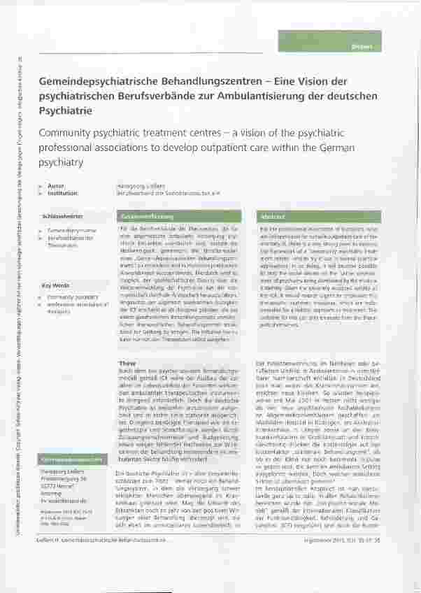 Vorschauseite 1: Community psychiatric treatment centres a vision of the psychiatric professional associations to develop outpatient care within the German psychiatry