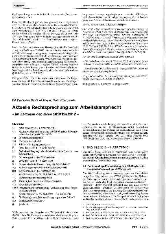 Vorschauseite 1: Aktuelle Rechtsprechung zum Arbeitskampfrecht