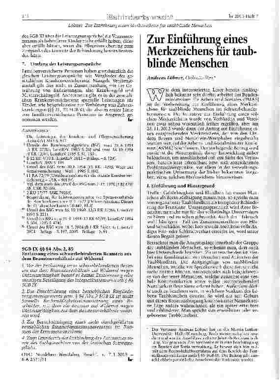 Vorschauseite 1: Zur Einführung eines Merkzeichens für taubblinde Menschen