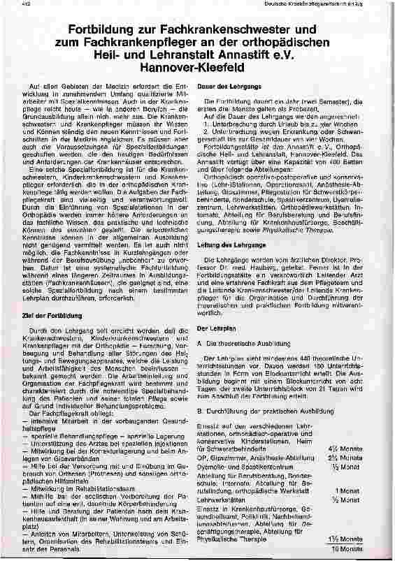 Vorschauseite 1: Fortbildung zur Fachkrankenschwester und zum Fachkrankenpfleger an der orthopädischen Heilund Lehranstalt Annastift e. V.
