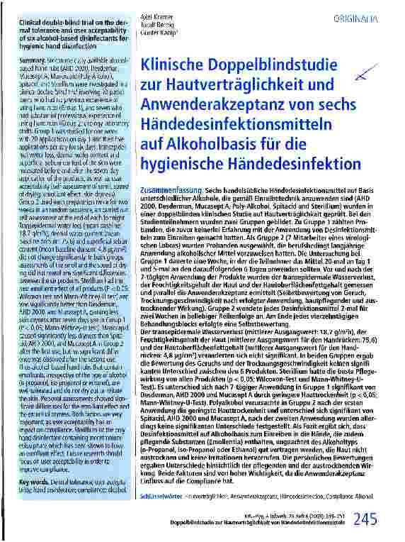 Vorschauseite 1: Klinische Doppelblindstudie zur Hautverträglichkeit und Anwenderakzeptanz von sechs Händedesinfektionsmitteln auf Alkoholbasis für die hygienische Händedesinfektion