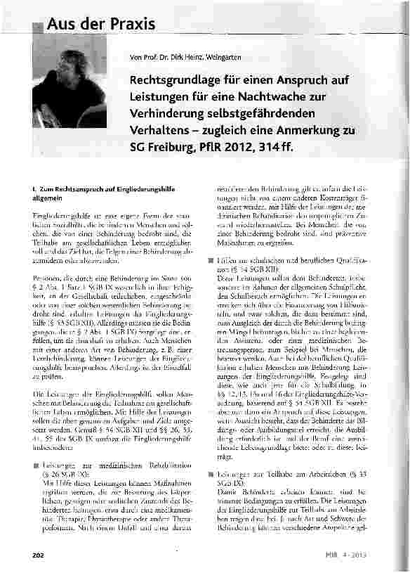 Vorschauseite 1: Rechtsgrundlage für einen Anspruch auf Leistungen für eine Nachtwache zur Verhinderung selbstgefährdenden Verhaltens - zugleich eine Anmerkung zu SG Freiburg, PflR 2012, 314ff.