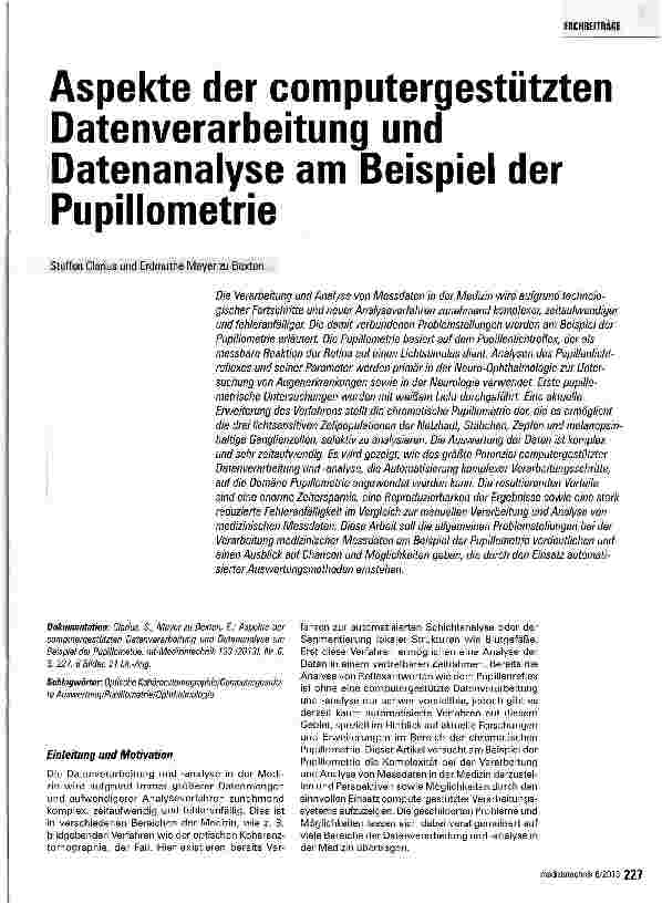 Vorschauseite 1: Aspekte der computergestützten Datenverarbeitung und Datenanalyse am Beispiel der Pupillometrie
