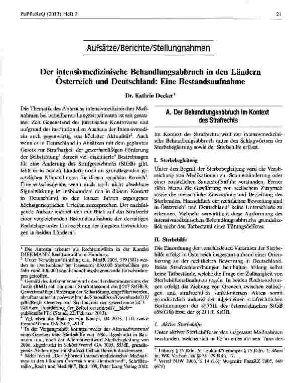 Vorschauseite 1: Der intensivmedizinische Behandlungsabbruch in den Ländern Osterreich und Deutschland: Eine Bestandsaufnahme