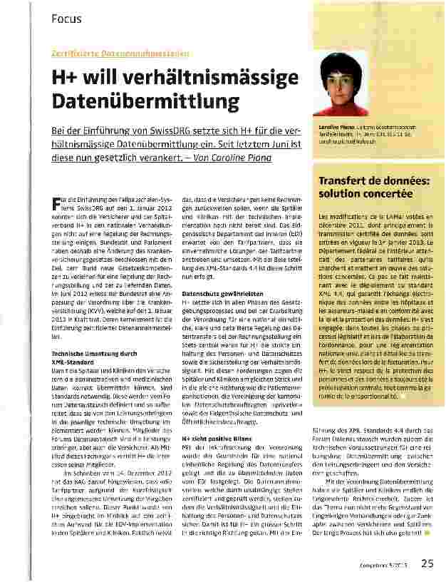 Vorschauseite 1: H+ will verhältnismässige Datenübermittlung