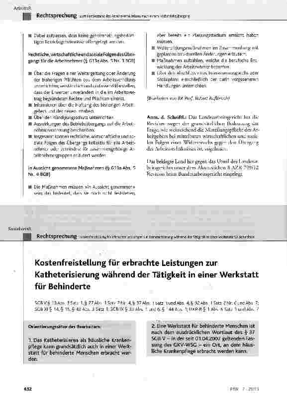 Vorschauseite 1: Kostenfreistellung für erbrachte Leistungen zur Katheterisierung während der Tätigkeit in einer Werkstatt für Behinderte