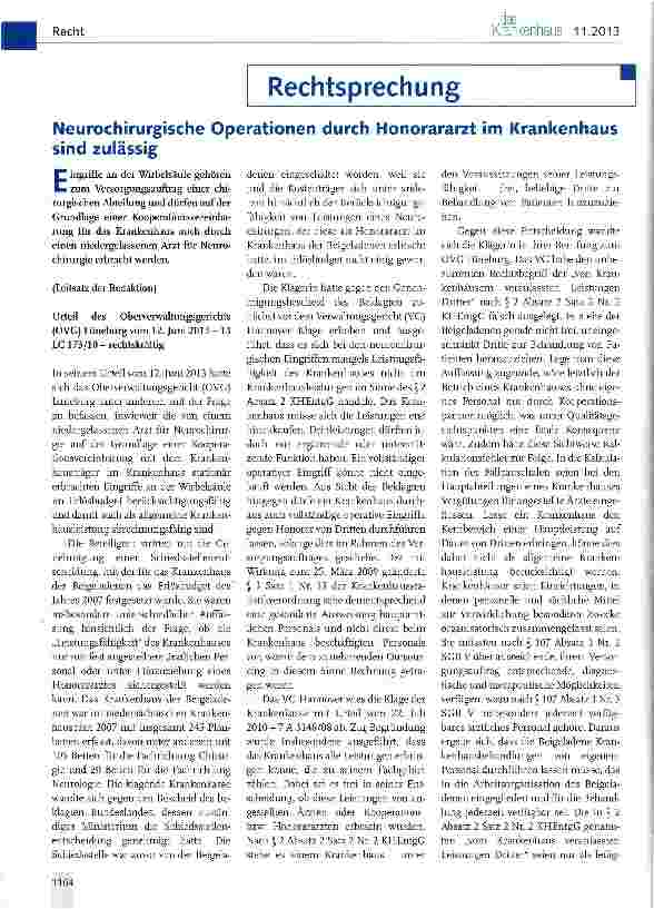 Vorschauseite 1: Neurochirurgische Operationen durch Honorararzt im Krankenhaus sind zulässig