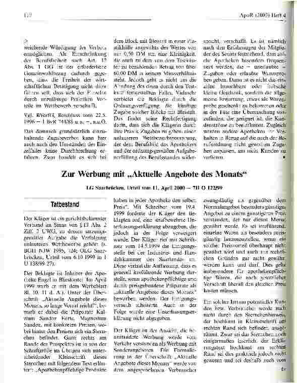 Vorschauseite 1: Zur Werbung mit Aktuelle Angebote des Monats LG Saarbrücken, Urteil vom 11. April 2000