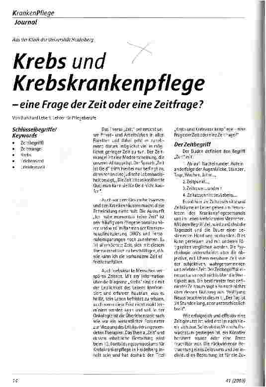 Vorschauseite 1: Krebs und Krebskrankenpflege - eine Frage der Zeit oder eine Zeitfrage?