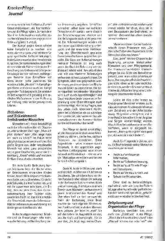 Vorschauseite 3: Krebs und Krebskrankenpflege - eine Frage der Zeit oder eine Zeitfrage?