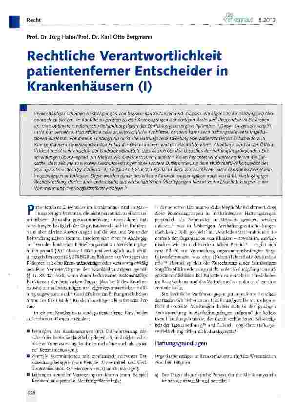 Vorschauseite 1: Rechtliche Verantwortlichkeit patientenferner Entscheider in Krankenhäusern (I)