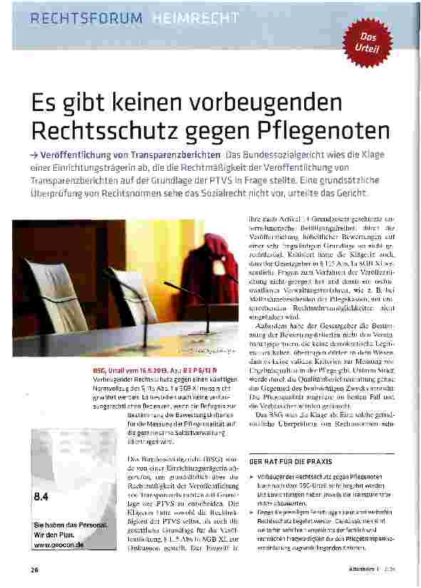 Vorschauseite 1: Es gibt keinen vorbeugenden Rechtsschutz gegen Pflegenoten