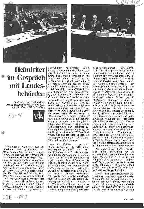 Vorschauseite 1: Heimleiter im Gespräch mit Landesbehörden / Verbandstag der Landesgruppe Hessen des VLA am 23. März 1983 in Dreieich