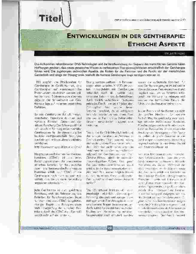Vorschauseite 1: ENTWICKLUNGEN IN DER GENTHERAPIE:ETHISCHE ASPEKTE