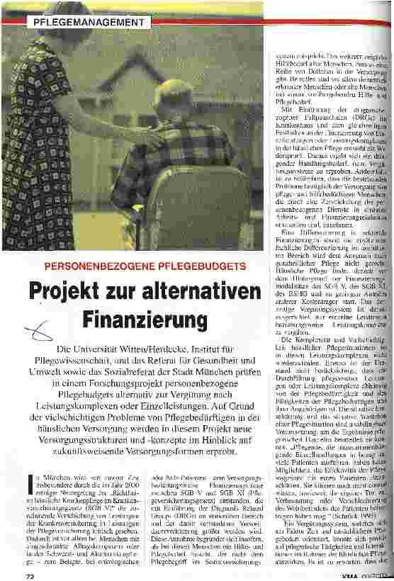 Vorschauseite 1: Projekt zur alternativen Finanzierung Personenbezogene Pflegebudgets