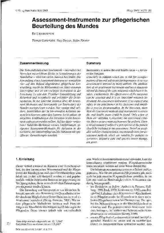 Vorschauseite 1: Assessment-Instrumente zur pflegerischen Beurteilung des Mundes Ein Literaturreview