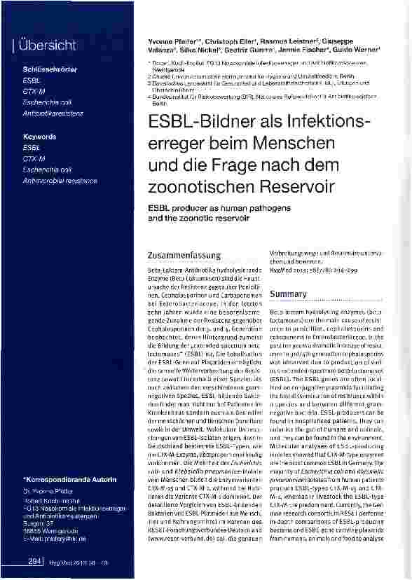 Vorschauseite 1: ESBL-Bildner als Infektionserreger beim Menschen und die Frage nach dem zoonotischen Reservoir
