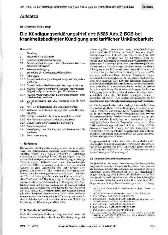 Vorschauseite 1: Die Kündigungserklärungsfrist des §626 Abs. 2 BGB bei krankheitsbedingter Kündigung und tariflicher Unkündbarkeit