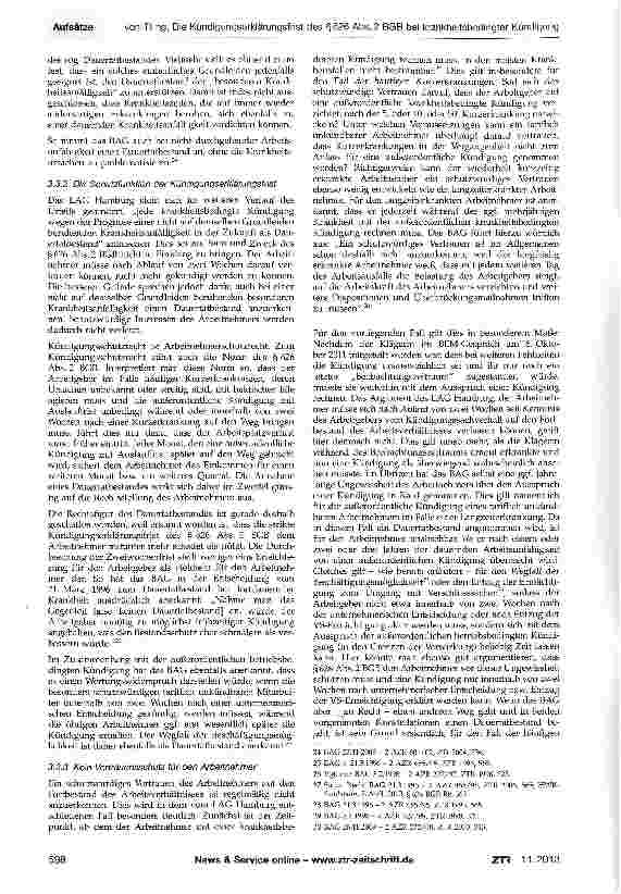 Vorschauseite 4: Die Kündigungserklärungsfrist des §626 Abs. 2 BGB bei krankheitsbedingter Kündigung und tariflicher Unkündbarkeit