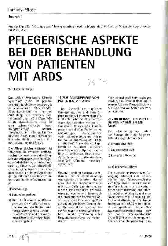 Vorschauseite 1: Pflegerische Aspekte bei der Behandlung von Patienten mit ARDS Aus der Klinik für Anästhesie und Allgemeine Intensivnedizin