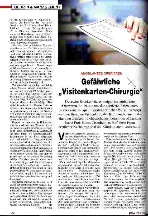 Vorschauseite 1: Ambulantes Operieren: Gefährliche Visitenkarten-Chirurgie