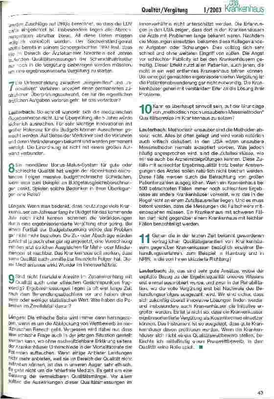 Vorschauseite 2: Qualität und Vergütung - wo liegt die Verknüpfung? Fragen von Chefredakteur Peter Ossen an Professor Lauterbach und Markus Lüngen