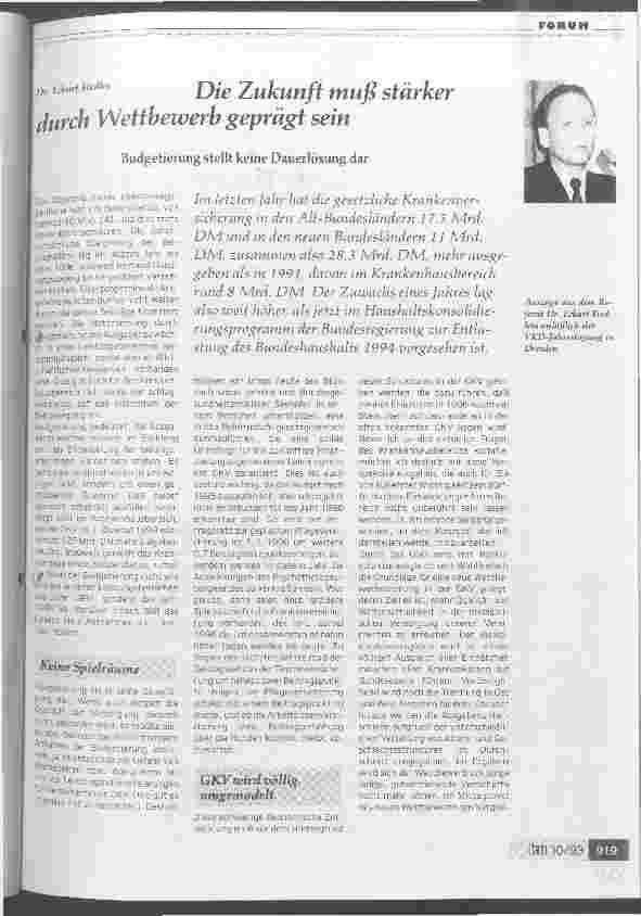 Vorschauseite 1: Die Zukunft muß stärker durch Wettbewerb geprägt sein Budgetierung stellt keine Dauerlösung dar