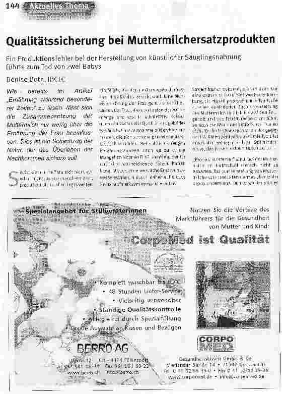 Vorschauseite 1: Qualitätssicherung bei MuttermilchersatzproduktenEin Produktionsfehler bei der Herstellung von künstlicher Säuglingsnahrung führte zum Tod von zwei Babys