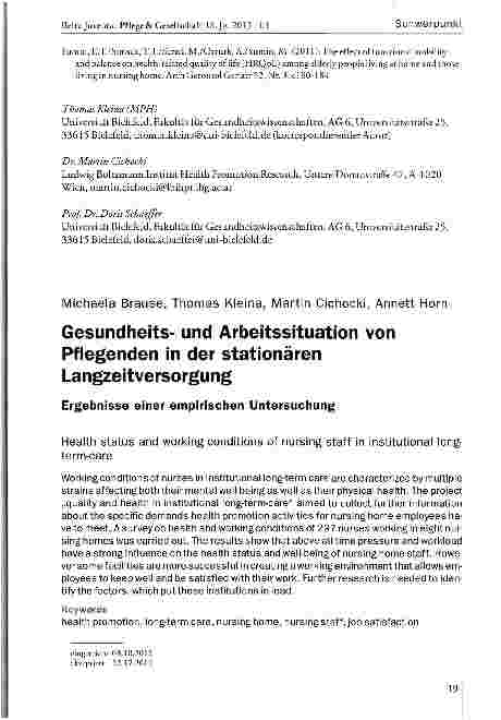 Vorschauseite 1: Gesundheitsund Arbeitssituation von Pflegenden in der stationären Langzeitversorgung