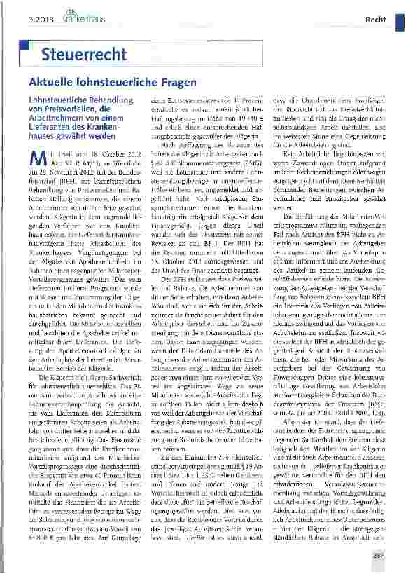 Vorschauseite 1: Lohnsteuerliche Behandlung von Preisvorteilen, die Arbeitnehmern von einem Lieferanten des Krankenhauses gewährt werden