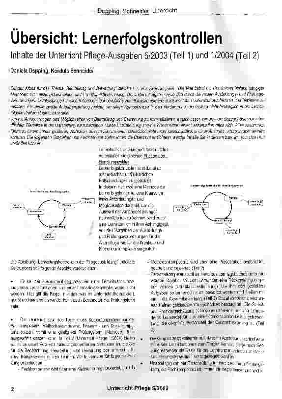 Vorschauseite 1: Übersicht: LernerfolgskontrollenInhalte der Unterricht Pflege-Ausgaben 5/2003 (Teil 1) und 1/2004 (Teil 2)