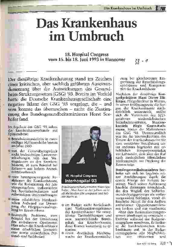 Vorschauseite 1: Das Krankenhaus im Umbruch 18. Hospital Congress vom 15. - 18. Juni 93 in Hannover