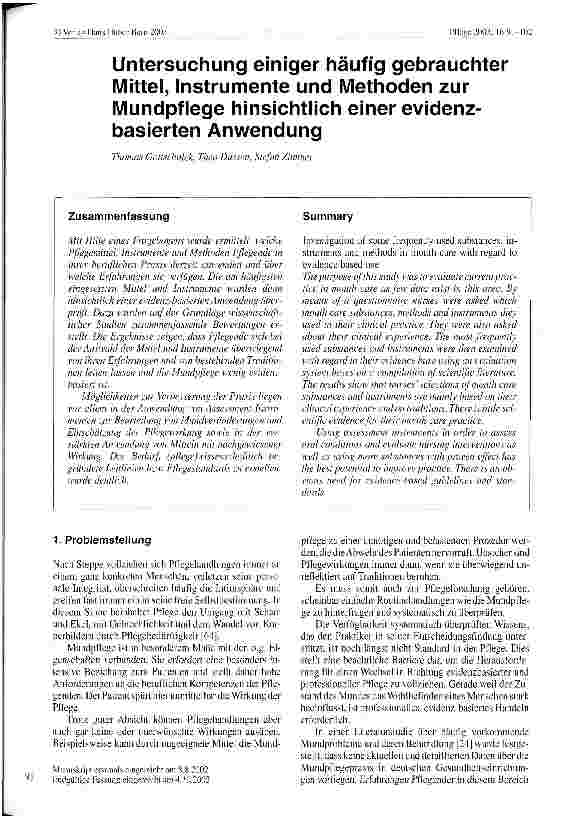 Vorschauseite 1: Untersuchung einiger häufig gebrauchter Mittel, Instrumente und Methoden zur Mundpflege hinsichtlich einer evidenzbasierten Anwendung