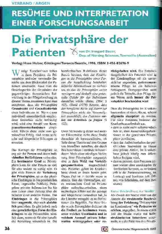 Vorschauseite 1: Die Privatsphäre der Patienten Resümee und Interpretation einer Forschungsarbeit
