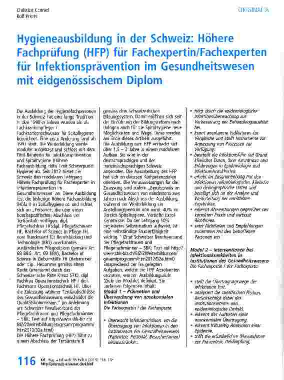 Vorschauseite 1: Hygieneausbildung in der Schweiz: Höhere Fachprüfung (HFP) für Fachexpertin/Fachexperten für Infektionsprävention im Gesundheitswesen mit eidgenössischem Diplom