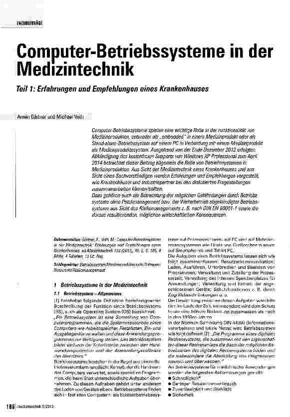 Vorschauseite 1: Computer-Betriebssysteme in der Medizintechnik Teil 1: Erfahrungen und Empfehlungen eines Krankenhauses