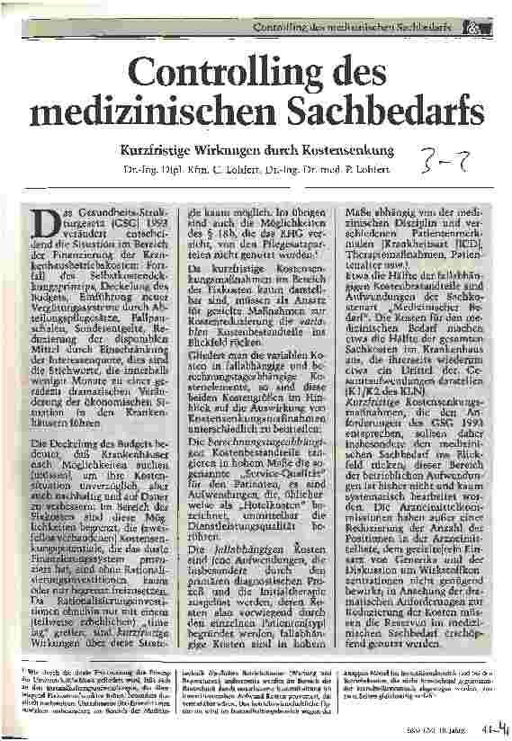 Vorschauseite 1: Controlling des medizinischen Sachbedarfs Kurzfristige Wirkungen durch Kostensenkung