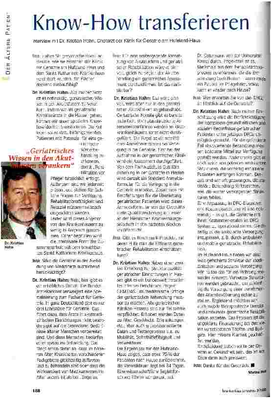 Vorschauseite 1: Know-how transferieren Interview mit Dr. Kristian Hahn, Chefarzt der Klinik für Geriatrie am Hufeland-Haus