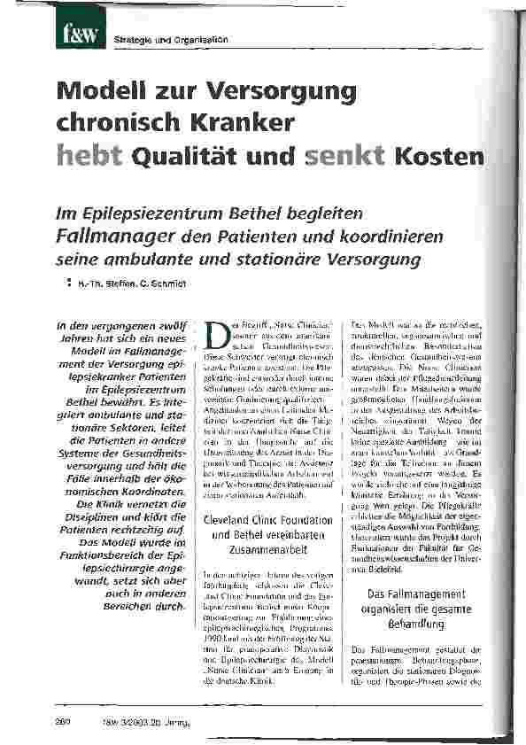 Vorschauseite 1: Modell zur Versorgung chronisch Kranker hebt Qualität und senkt Kosten Im Epilepsiezentrum Bethel begleiten Fallmanager den Patienten und koordinieren seine ambulante und stationä…